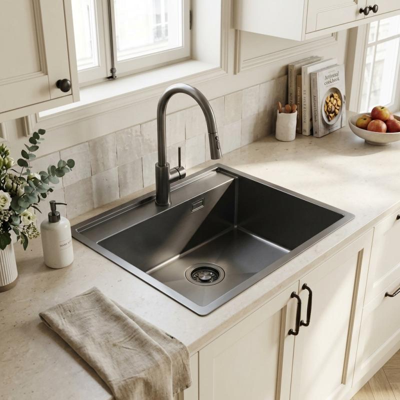 Pure.Sink Luxion Gun metal spoelbak 51x50 cm Tapwing met kraangatbank PLX5150T-61
